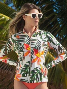 NWT Tribal XIX Palms UPF 50 Tropical Zip Rash Guard Small